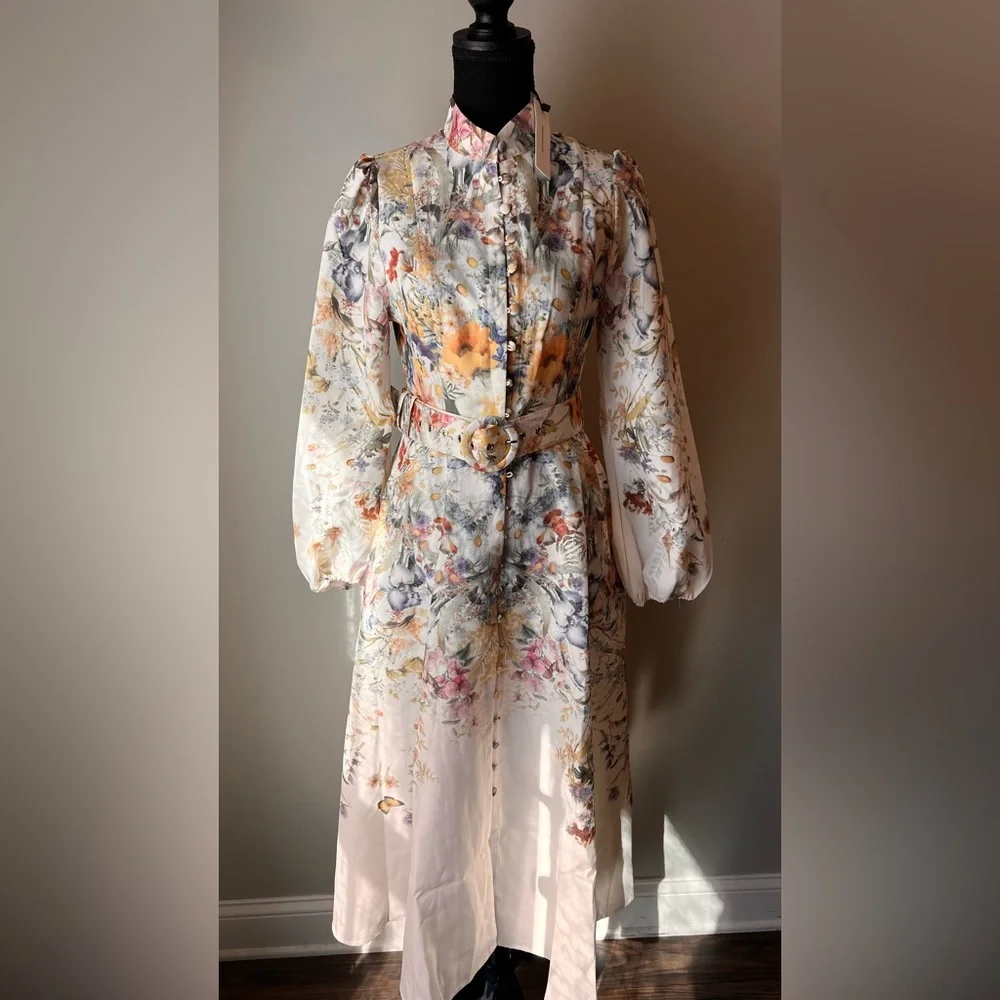 Commense Floral Belted Long Sleeve Midi Dress in Cream, Yellow and Blue - Picture 2 of 8